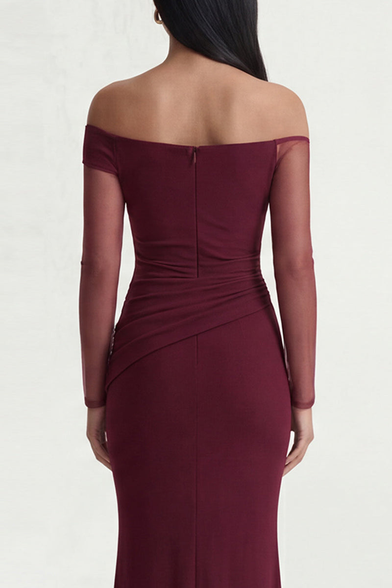 Load image into Gallery viewer, Long Sleeves Burgundy Mermaid Ruched Long Formal Dress with Slit