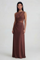 Load image into Gallery viewer, Round Neck Brown Mesh Sheath Ruched Long Formal Dress