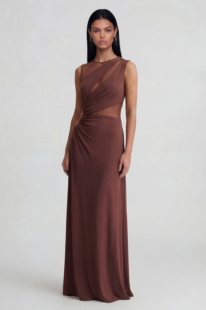 Load image into Gallery viewer, Round Neck Brown Mesh Sheath Ruched Long Formal Dress