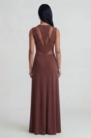 Load image into Gallery viewer, Round Neck Brown Mesh Sheath Ruched Long Formal Dress