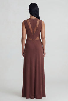 Round Neck Brown Mesh Sheath Ruched Long Formal Dress