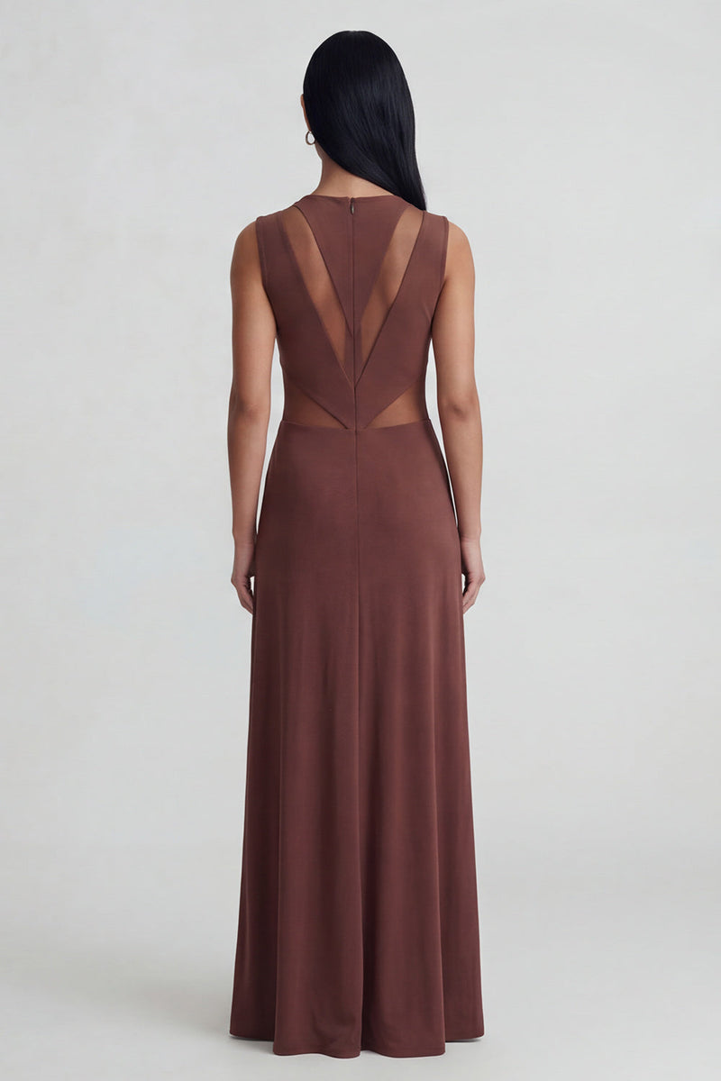 Load image into Gallery viewer, Round Neck Brown Mesh Sheath Ruched Long Formal Dress