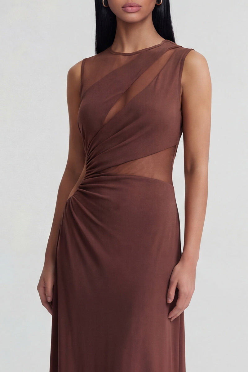 Load image into Gallery viewer, Round Neck Brown Mesh Sheath Ruched Long Formal Dress