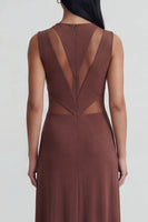 Load image into Gallery viewer, Round Neck Brown Mesh Sheath Ruched Long Formal Dress