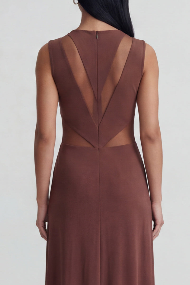 Load image into Gallery viewer, Round Neck Brown Mesh Sheath Ruched Long Formal Dress
