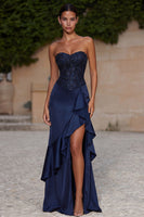 Load image into Gallery viewer, Sparkly Navy Strapless Ruffled Beaded Long Mermaid Formal Dress with Slit