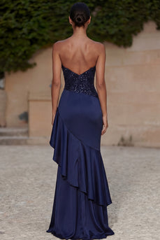 Sparkly Navy Strapless Ruffled Beaded Long Mermaid Formal Dress with Slit