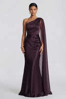 Load image into Gallery viewer, Cabernet One Shoulder Ruched Mermaid Long Formal Dress with Side Cape