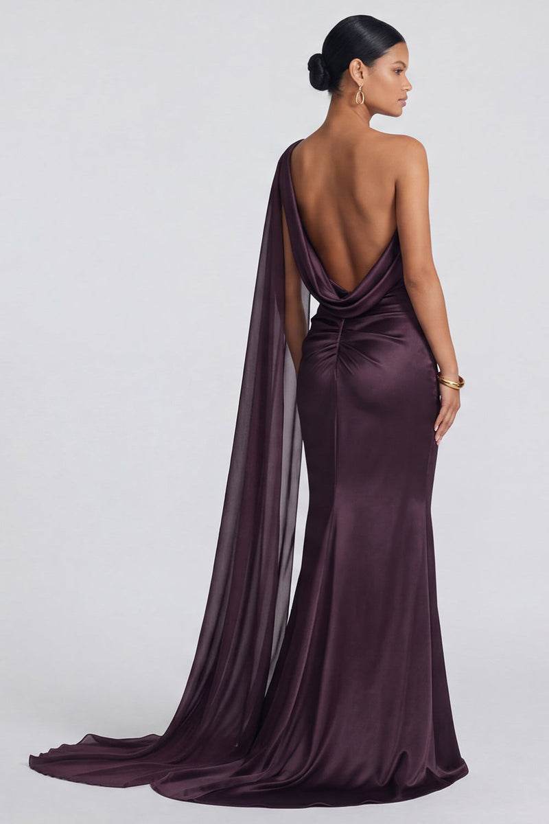 Load image into Gallery viewer, Cabernet One Shoulder Ruched Mermaid Long Formal Dress with Side Cape