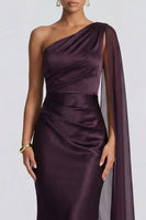 Load image into Gallery viewer, Cabernet One Shoulder Ruched Mermaid Long Formal Dress with Side Cape