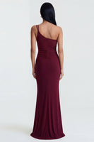 Load image into Gallery viewer, Burgundy One Shoulder Mermaid Ruched Long Formal Dress
