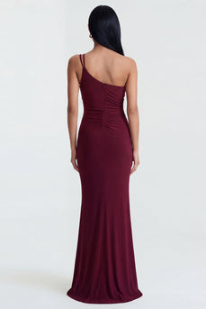 Burgundy One Shoulder Mermaid Ruched Long Formal Dress