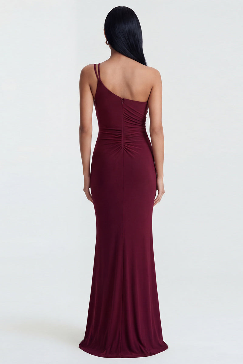 Load image into Gallery viewer, Burgundy One Shoulder Mermaid Ruched Long Formal Dress