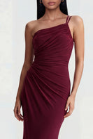 Load image into Gallery viewer, Burgundy One Shoulder Mermaid Ruched Long Formal Dress