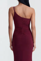 Load image into Gallery viewer, Burgundy One Shoulder Mermaid Ruched Long Formal Dress