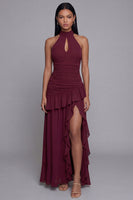 Load image into Gallery viewer, Halter Backless Burgundy Keyhole Ruffled Ruched Long A Line Formal Dress with Slit