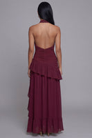 Load image into Gallery viewer, Halter Backless Burgundy Keyhole Ruffled Ruched Long A Line Formal Dress with Slit