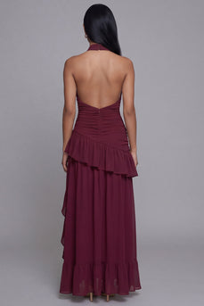 Halter Backless Burgundy Keyhole Ruffled Ruched Long A Line Formal Dress with Slit