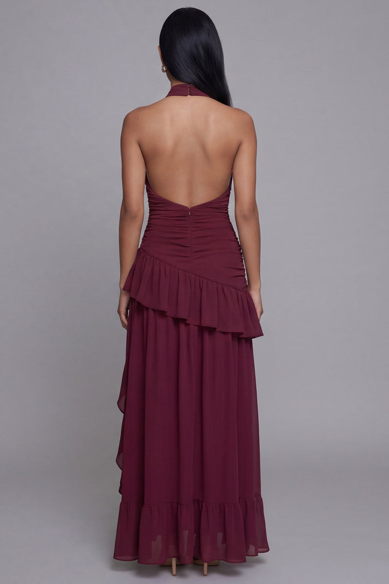 Load image into Gallery viewer, Halter Backless Burgundy Keyhole Ruffled Ruched Long A Line Formal Dress with Slit