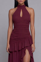 Load image into Gallery viewer, Halter Backless Burgundy Keyhole Ruffled Ruched Long A Line Formal Dress with Slit