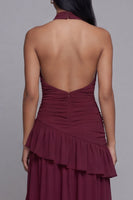 Load image into Gallery viewer, Halter Backless Burgundy Keyhole Ruffled Ruched Long A Line Formal Dress with Slit