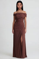Load image into Gallery viewer, Off the Shoulder Brown Ruched Sheath Long Formal Dress with Slit