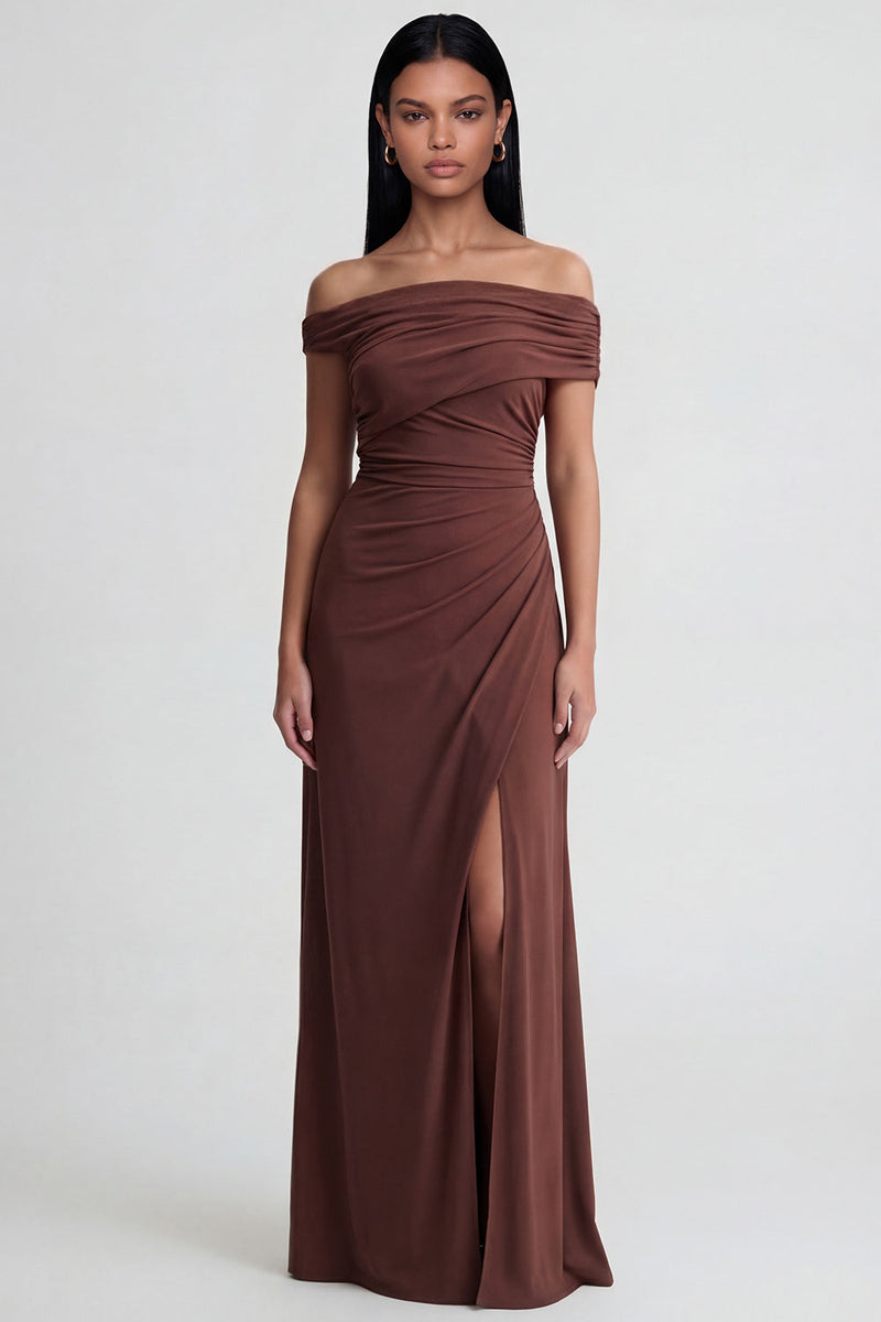 Load image into Gallery viewer, Off the Shoulder Brown Ruched Sheath Long Formal Dress with Slit