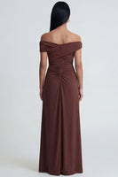 Load image into Gallery viewer, Off the Shoulder Brown Ruched Sheath Long Formal Dress with Slit