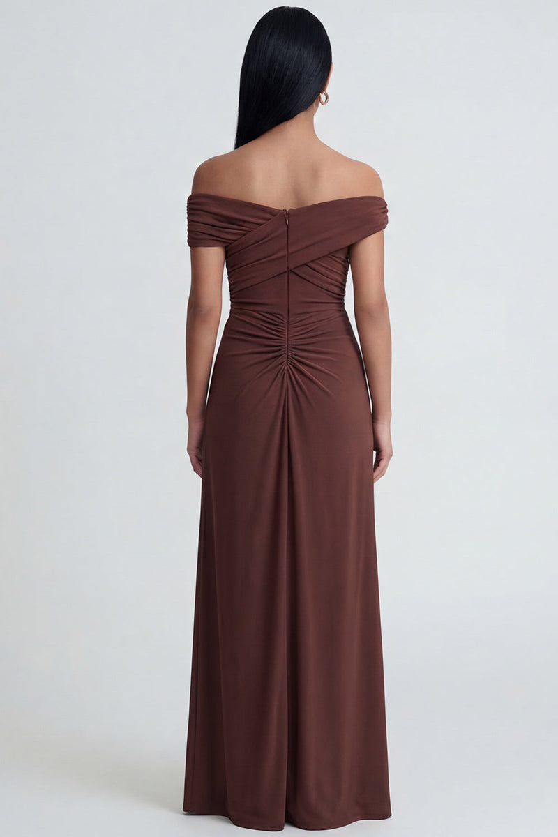 Load image into Gallery viewer, Off the Shoulder Brown Ruched Sheath Long Formal Dress with Slit