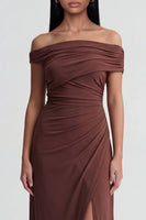 Load image into Gallery viewer, Off the Shoulder Brown Ruched Sheath Long Formal Dress with Slit