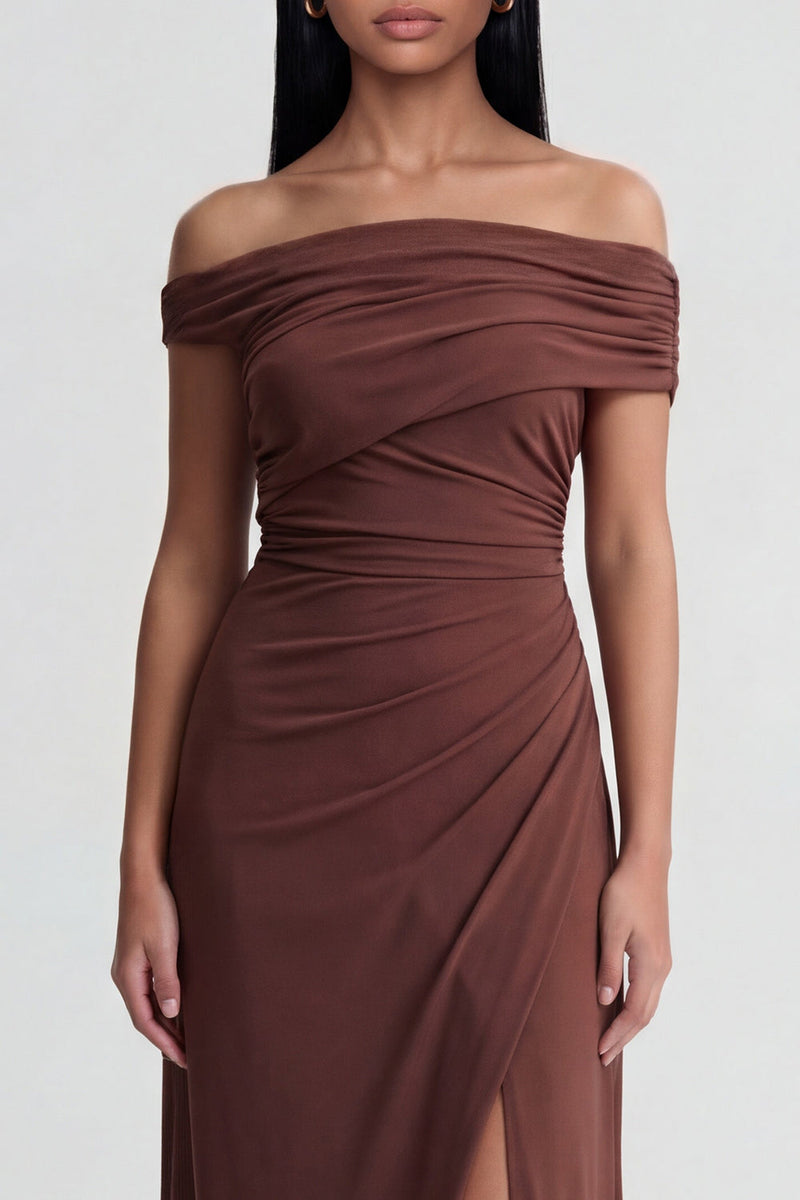 Load image into Gallery viewer, Off the Shoulder Brown Ruched Sheath Long Formal Dress with Slit