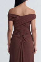 Load image into Gallery viewer, Off the Shoulder Brown Ruched Sheath Long Formal Dress with Slit