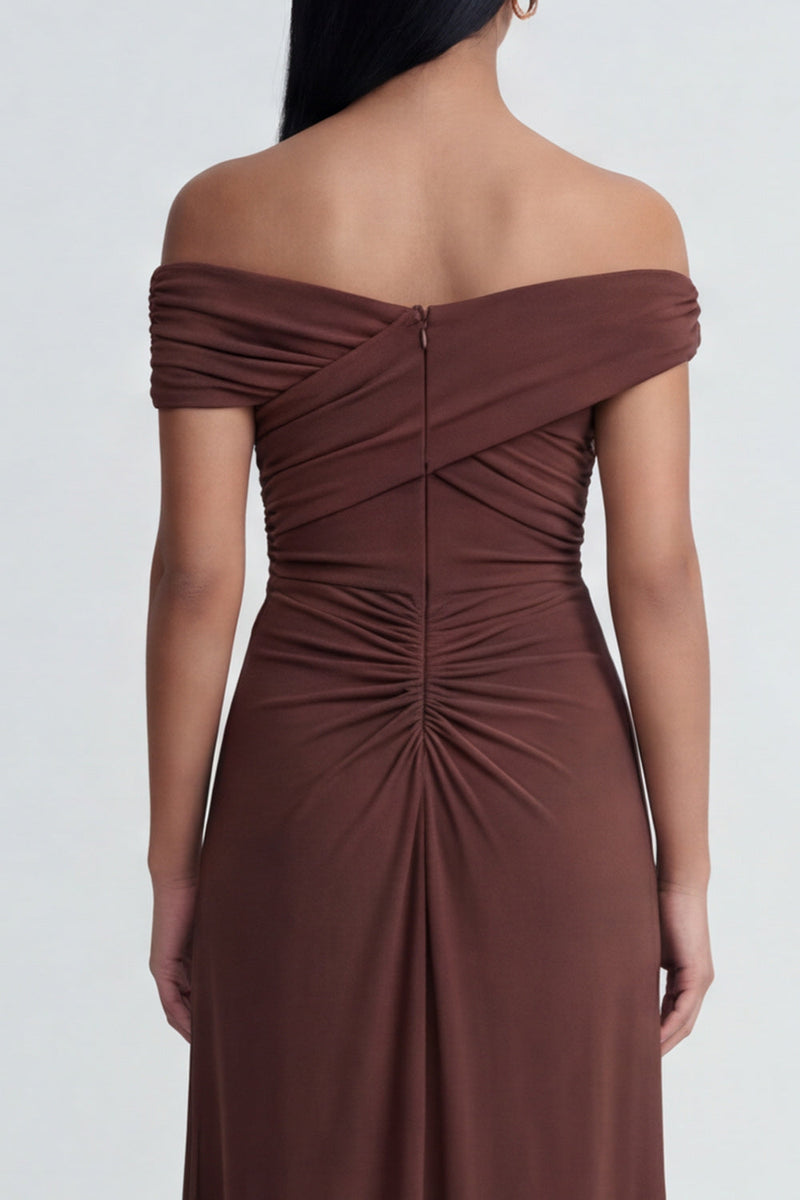 Load image into Gallery viewer, Off the Shoulder Brown Ruched Sheath Long Formal Dress with Slit