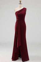 Load image into Gallery viewer, Burgundy Ruched Long Mermaid One Shoulder Formal Dress with Ruffles