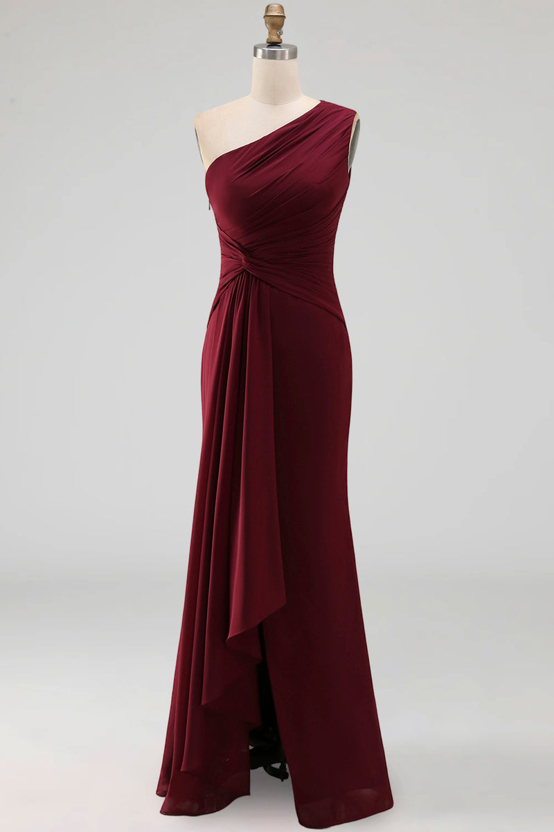 Load image into Gallery viewer, Burgundy Ruched Long Mermaid One Shoulder Formal Dress with Ruffles