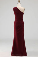 Load image into Gallery viewer, Burgundy Ruched Long Mermaid One Shoulder Formal Dress with Ruffles