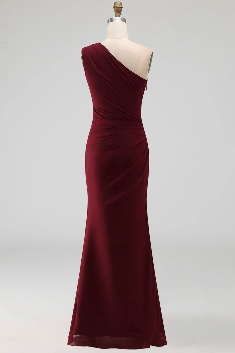 Load image into Gallery viewer, Burgundy Ruched Long Mermaid One Shoulder Formal Dress with Ruffles
