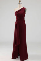Load image into Gallery viewer, Burgundy Ruched Long Mermaid One Shoulder Formal Dress with Ruffles