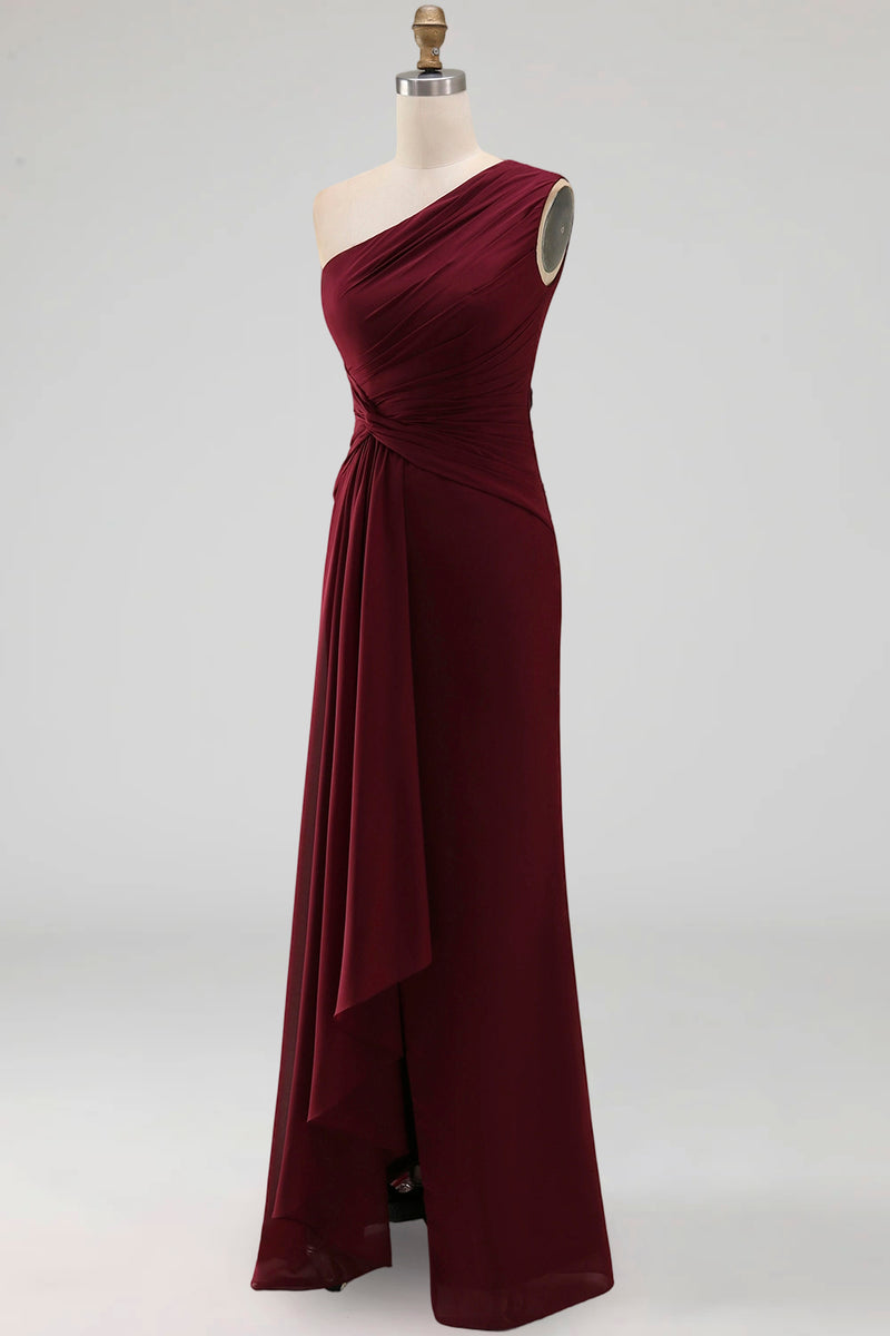 Load image into Gallery viewer, Burgundy Ruched Long Mermaid One Shoulder Formal Dress with Ruffles