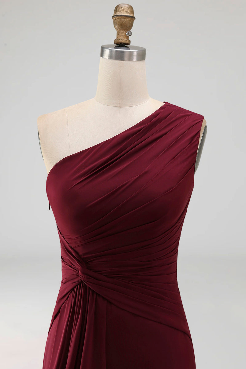 Load image into Gallery viewer, Burgundy Ruched Long Mermaid One Shoulder Formal Dress with Ruffles