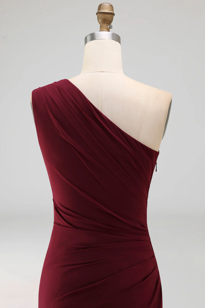 Load image into Gallery viewer, Burgundy Ruched Long Mermaid One Shoulder Formal Dress with Ruffles