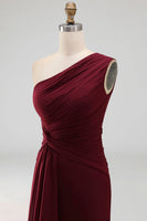 Load image into Gallery viewer, Burgundy Ruched Long Mermaid One Shoulder Formal Dress with Ruffles