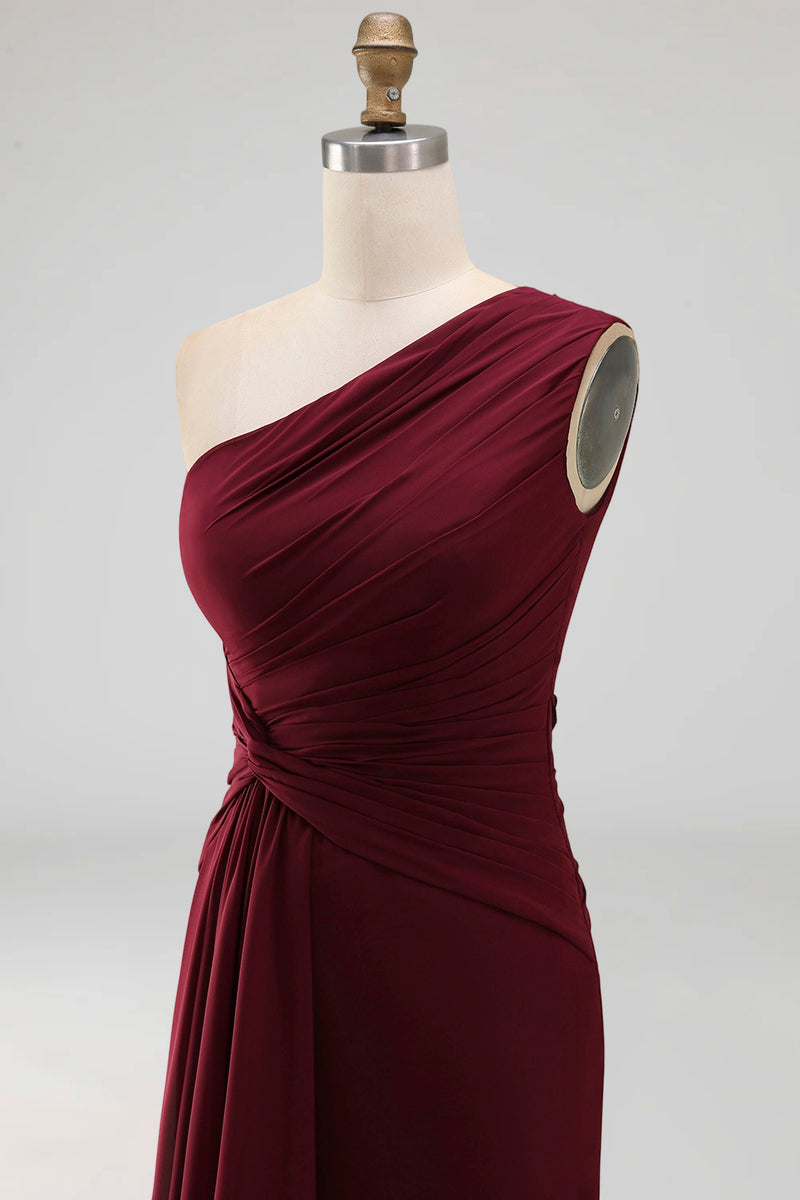 Load image into Gallery viewer, Burgundy Ruched Long Mermaid One Shoulder Formal Dress with Ruffles