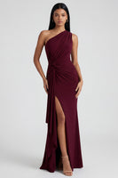 Load image into Gallery viewer, Burgundy Ruched Long Mermaid One Shoulder Formal Dress with Ruffles