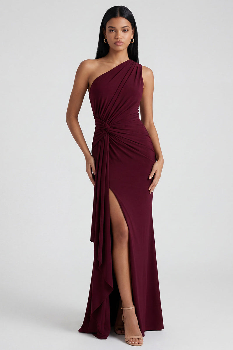 Load image into Gallery viewer, Burgundy Ruched Long Mermaid One Shoulder Formal Dress with Ruffles