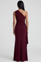 Load image into Gallery viewer, Burgundy Ruched Long Mermaid One Shoulder Formal Dress with Ruffles