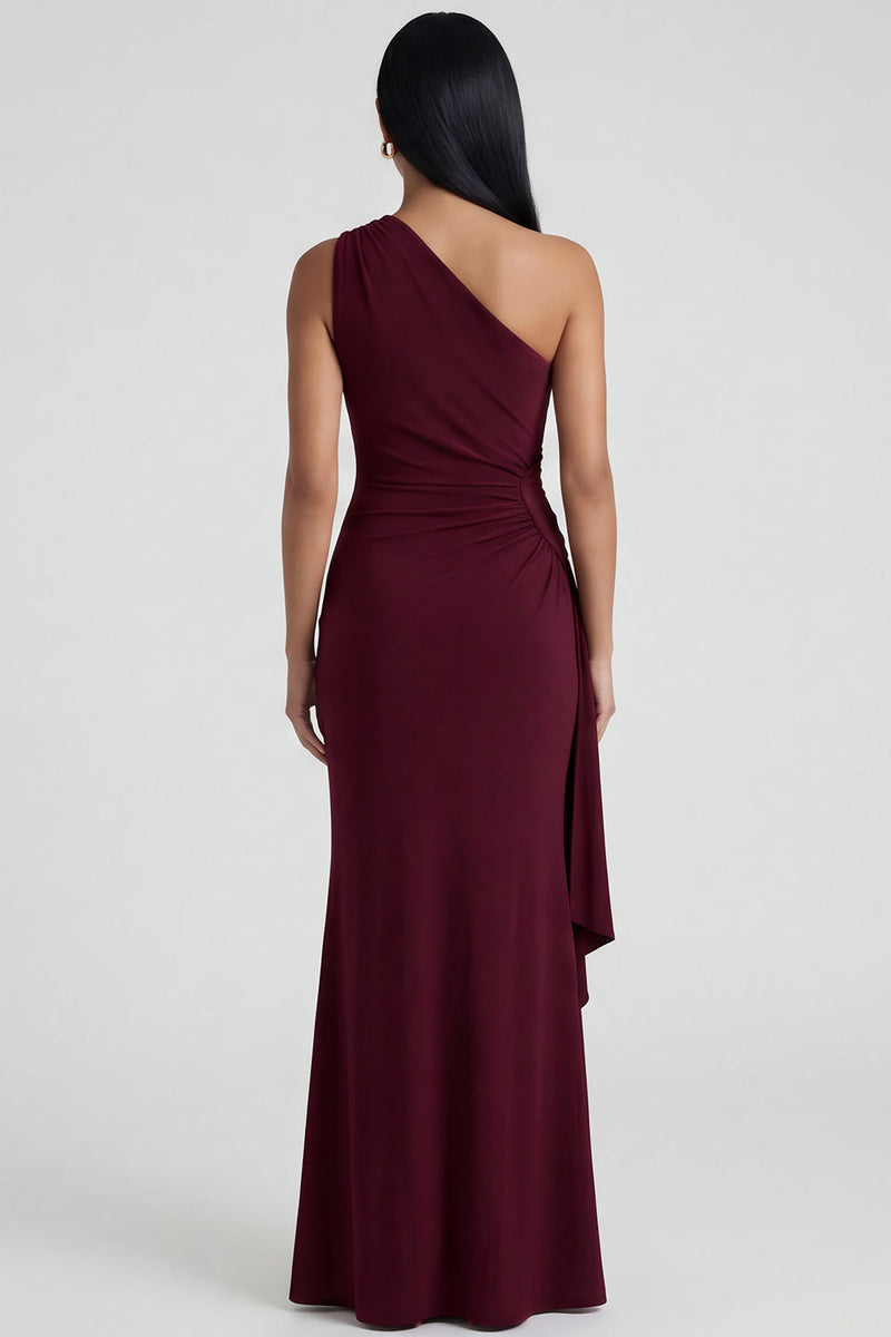 Load image into Gallery viewer, Burgundy Ruched Long Mermaid One Shoulder Formal Dress with Ruffles