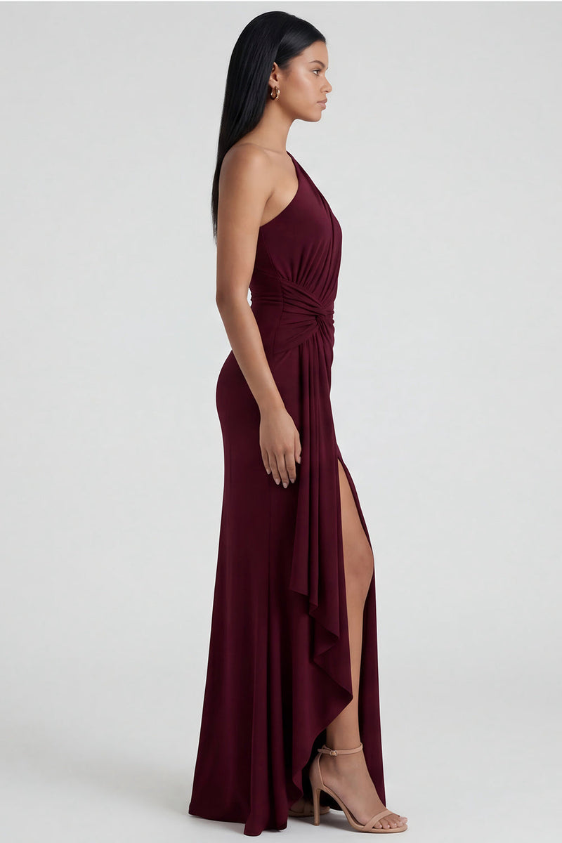 Load image into Gallery viewer, Burgundy Ruched Long Mermaid One Shoulder Formal Dress with Ruffles