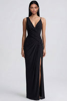 Load image into Gallery viewer, V-Neck Black Long Sheath Ruched Formal Dress with Slit