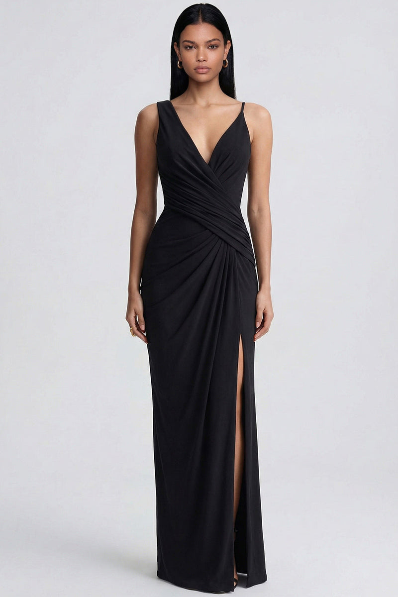 Load image into Gallery viewer, V-Neck Black Long Sheath Ruched Formal Dress with Slit